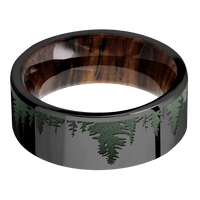 8mm wide Flat Black Titanium Ring with Polish Finish / Trees Design and Highland Green Cerakote Accents / Cocobolo Sleeve