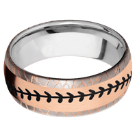 8mm wide Domed Superconductor Ring with Bead Blast Etched Superconductor Finish / One 5mm Centered 14k Rose Gold Inlay with Satin Finish / Baseball Inlay Design and Black Cerakote Inlay Design Accents / Titanium Sleeve