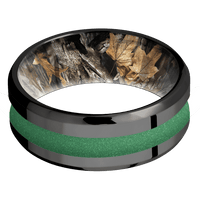 8mm wide Beveled Black Titanium Ring with Polish Finish / One 3mm Centered Squatch Cerakote Inlay / RealTree Timber Camo Sleeve