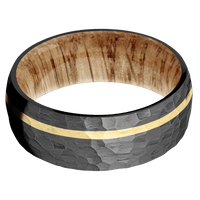 8mm wide Domed Black Titanium Ring with Hammer Finish / One 1mm Off Center 14k Yellow Gold Inlay with Hammer Finish / Natural Oak Sleeve