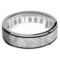 7mm wide Flat 18k White Gold Ring with Polish Finish / One 5mm Centered Meteorite Inlay and Black Cerakote Accents / Piano Interior Pattern