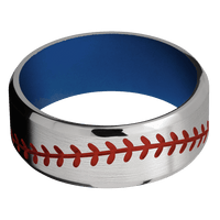 8mm wide Beveled Titanium Ring with Satin Finish / Baseball Design and Red Apple Cerakote Accents / Royal Blue Cerakote Sleeve