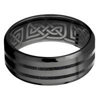 8mm wide Beveled Black Titanium Ring with Bead Blast Finish / Two 1mm Centered Black Dinosaur Bone Inlay / Celtic 17 Interior Pattern