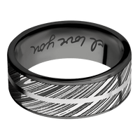 8mm wide Flat Black Titanium Ring with Bead Blast Finish / One 7mm Centered Kuro Damascus Steel Inlay with Tumble Kuro Damascus Finish / One 1mm Centered 14k White Gold Inlay with Bead Blast Finish / Hand Writing Interior Pattern