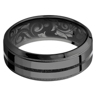 8mm wide High Bevel Milgrain Black Titanium Ring with Polish Finish / One 1mm Centered Black Dinosaur Bone Inlay / None Interior Pattern