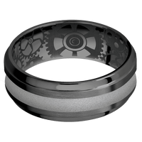 8mm wide Stepped Bevel Black Titanium Ring with Satin Finish / One 3mm Centered Crushed Silver Cerakote Inlay / None Interior Pattern