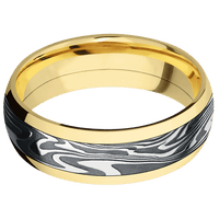 7mm wide Domed 14k Yellow Gold Ring with Polish Finish / One 4mm Centered Kinetic Damascus Steel Inlay with Tumble Kuro Damascus Finish
