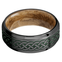 8mm wide Stepped Bevel Black Titanium Ring with Satin Finish / Celtic 9 Design and Eastern Green Cerakote Accents / Whiskey Barrel Sleeve