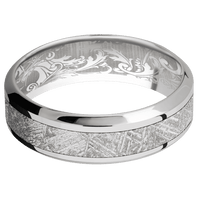 7mm wide High Bevel 18k White Gold Ring with Polish Finish / One 3mm Centered Meteorite Inlay / None Interior Pattern