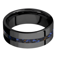 8mm wide Flat Black Titanium Ring with Polish Finish / One 2mm Centered Blue Tigers Eye Inlay