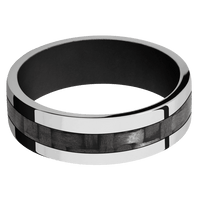 7mm wide Flat Palladium Silver Ring with Polish Finish / One 3mm Centered Black Carbon Fiber Inlay / Black Cerakote Sleeve