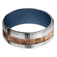 8mm wide Beveled Basketweave Damascus Steel Ring with Polish Damascus Finish / One 3mm Centered Maple Burl Inlay / Polar Blue Cerakote Sleeve