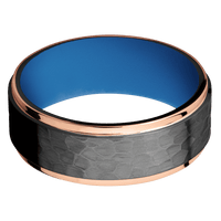 8mm wide Flat Grooved Edges Black Titanium Ring with Hammer Finish / Two 1mm Edge 14k Rose Gold Inlay with Polish Finish / Sea Blue Cerakote Sleeve