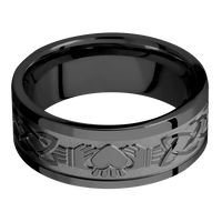 8mm wide Flat Black Zirconium Ring with Polish Finish / Claddagh Celtic Design