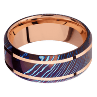8mm wide Beveled Kuro-Ti Ring with Polish Kuro-Ti Finish / Two 1mm Wide 14k Rose Gold Inlay with Polish Finish / 14k Rose Gold Sleeve
