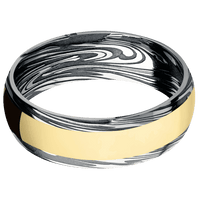 7mm wide Domed Scale Damascus Steel Ring with Tumble Kuro Damascus Finish / One 4mm Centered 14k Yellow Gold Inlay with Polish Finish