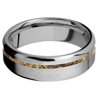 7mm wide Beveled Titanium Ring with Stone Finish / One 1mm Off Center 24k Raw Gold Nugget Inlay