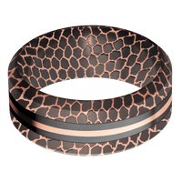 9mm wide High Bevel Darkened Superconductor Ring with Satin Etched Superconductor Finish / One 3mm Centered Black Titanium Inlay with Bead Blast Finish / One 1mm Centered 18k Rose Gold Inlay with Bead Blast Finish