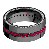 9mm wide Flat Black Titanium Ring with Polish Finish / Side Eternity Round .01 carat Lab Grown Diamond Bead-Set Gemstones / Eternity Round .03 carat Ruby Bead-Set Gemstones