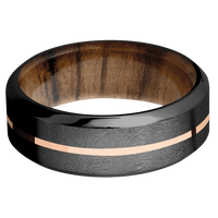 8mm wide High Bevel Black Titanium Ring with Distressed Finish / One 1mm Centered 14k Rose Gold Inlay with Polish Finish / Teak Sleeve