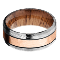 9mm wide Beveled Damascus Steel Ring with Polish Damascus Finish / One 4mm Centered 14k Rose Gold Inlay with Hammer Finish and Dark Grey Cerakote Accents / Koa Sleeve