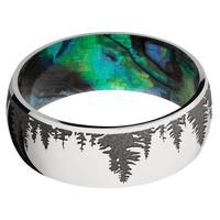 8mm wide Domed 14k White Gold Ring with Polish Finish / Trees Design and Gun Metal Grey Cerakote Accents / Abalone Sleeve