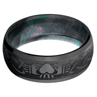 8mm wide Domed Black Zirconium Ring with Bead Blast Finish / Claddagh Celtic Design and Dark Grey Cerakote Accents / Black Mother of Pearl Sleeve