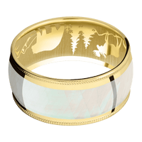 10mm wide Domed Milgrain Edges 18k Yellow Gold Ring with Polish Finish / One 7mm Centered Freshwater Mother of Pearl Inlay / None Interior Pattern