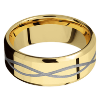 8mm wide Beveled 14k Yellow Gold Ring with Polish Finish / Infinity Design and Crushed Silver Cerakote Accents