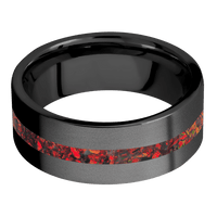 8mm wide Flat Black Zirconium Ring with Bead Blast Finish / One 2mm Centered Ruby Red Opal Inlay