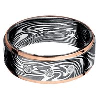 8mm wide Flat Grooved Edges Kinetic Damascus Steel Ring with Tumble Kuro Damascus Finish / Two 1mm Edge 14k Rose Gold Inlay with Polish Finish / 3 Round .03 carat Standard Lab Grown Diamond Bezel-Set Gemstones