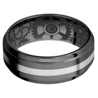 8mm wide Stepped Bevel Black Titanium Ring with Bead Blast Finish / One 2mm Centered Palladium Silver Inlay with Satin Finish / None Interior Pattern