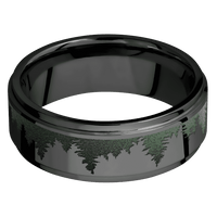 8mm wide Flat Grooved Edges Black Zirconium Ring with Polish Finish / Trees Design and Highland Green Cerakote Accents