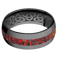 8mm wide Domed Black Titanium Ring with Polish Finish / One 3mm Centered Ruby Red Opal Inlay / None Interior Pattern