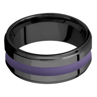 9mm wide Flat Grooved Edges Black Titanium Ring with Polish Finish / One 3mm Centered Bright Purple Cerakote Inlay