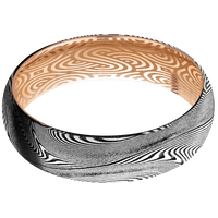 6mm wide Domed Tightweave Damascus Steel Ring with Tumble Kuro Damascus Finish / 14k Rose Gold Sleeve / None Interior Pattern