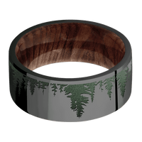 9mm wide Flat Black Zirconium Ring with Polish Finish / Trees Design and Highland Green Cerakote Accents / Sequoia Sleeve