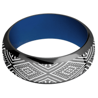 8mm wide Domed Bevel Black Zirconium Ring with Polish Finish / Aztec 1 Design and Snow White Cerakote Accents / Royal Blue Cerakote Sleeve