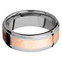 8mm wide Flat Grooved Edges Titanium Ring with Polish Finish / One 4mm Centered 14k Rose Gold Inlay with Hammer Finish