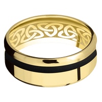 8mm wide Beveled 10k Yellow Gold Ring with Polish Finish / One 2mm Off Center Black Cerakote Inlay / None Interior Pattern