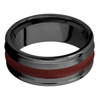 9mm wide Domed Rounded Edges Black Titanium Ring with Satin Finish / One 3mm Centered Crimson Cerakote Inlay / Black Cerakote Sleeve