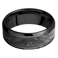 8mm wide Beveled Black Zirconium Ring with Bead Blast Finish / One 5mm Centered Forged Carbon Fiber Inlay