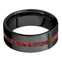 8mm wide Flat Black Titanium Ring with Satin Finish / One 2mm Centered Ruby Red Opal Inlay