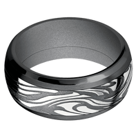 10mm wide Domed Bevel Black Titanium Ring with Satin Finish / One 6mm Centered Scale Damascus Steel Inlay with Tumble Kuro Damascus Finish / Crushed Silver Cerakote Sleeve