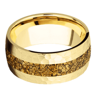 10mm wide Domed 10k Yellow Gold Ring with Hammer Finish / One 4mm Centered 24k Raw Gold Nugget Inlay