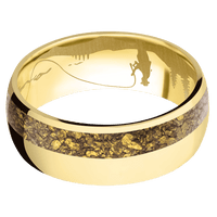 8mm wide Domed 14k Yellow Gold Ring with Polish Finish / One 3mm Off Center 24k Raw Gold Nugget Inlay / Fly Fishing Interior Pattern