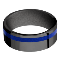 8mm wide Flat Black Titanium Ring with Polish Finish / One 2mm Off Center Lapis Inlay / Gun Metal Grey Cerakote Sleeve