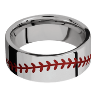 8mm wide Flat Titanium Ring with Polish Finish / Baseball Design and USMC Red Cerakote Accents