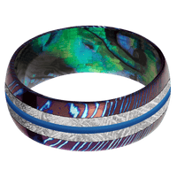 8mm wide Domed Kuro-Ti Ring with Polish Kuro-Ti Finish / One 4mm Centered Meteorite Inlay / One 1mm Centered Sea Blue Cerakote Inlay / Abalone Sleeve