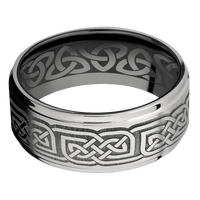 9mm wide Flat Grooved Edges 10k White Gold Ring with Satin Finish / Celtic 17 Design / Black Zirconium Sleeve / None Interior Pattern